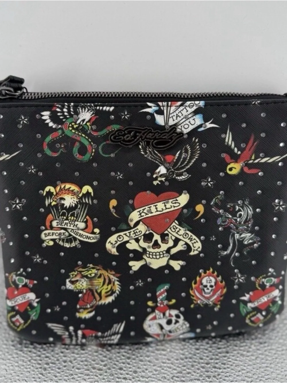 NEW Ed Hardy Black Tattoo Art Print Rhinestone Studded Wristlet 6.5”x8.5” NWT